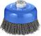 Een ronde staalborstel met een blauwe behuizing en stalen borstelharen, geschikt voor gebruik met een boormachine voor metaalreiniging.