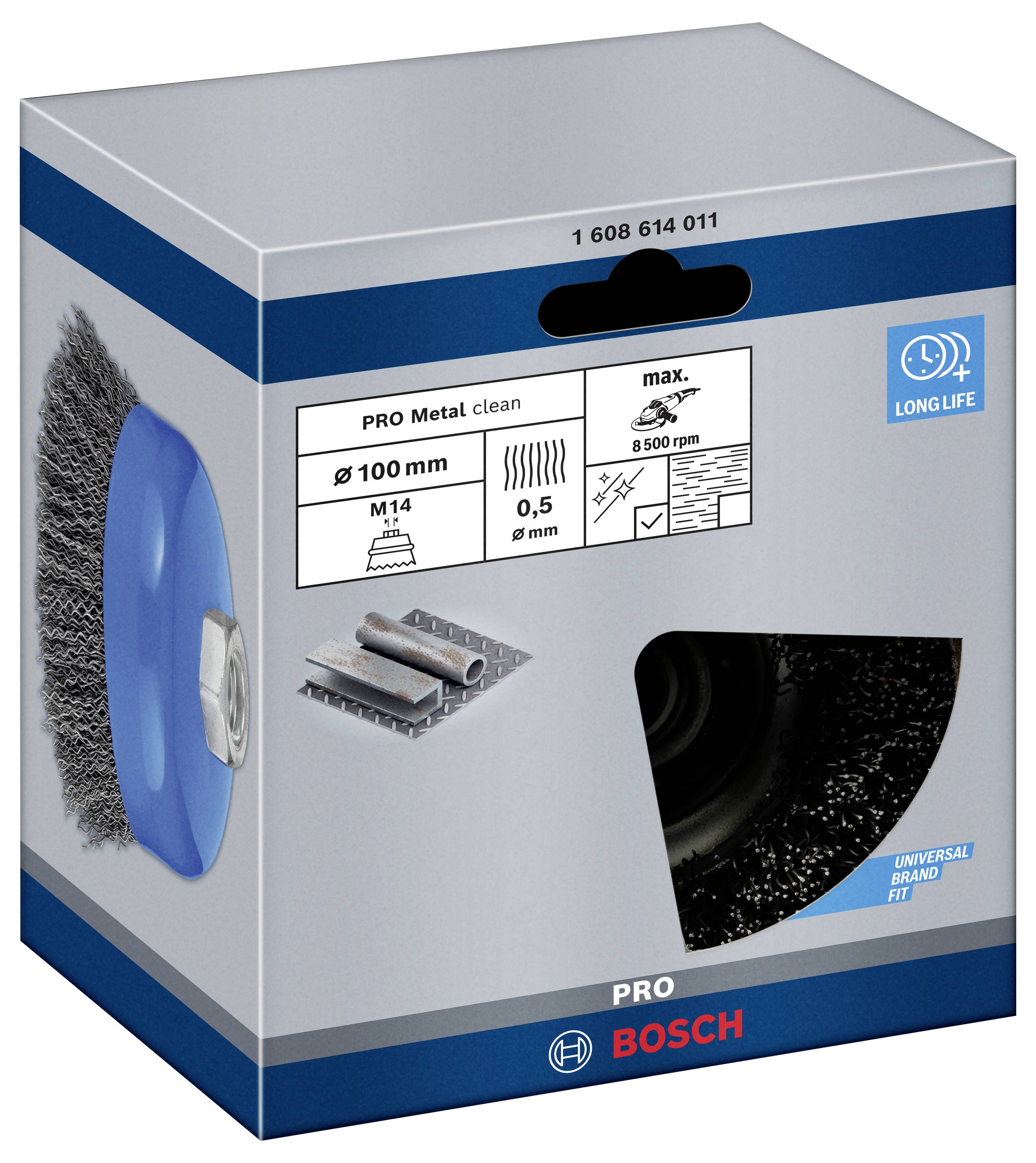 Verpakking van een staalborstel van Bosch, diameter 100 mm, max. 8500 omw/min, geschikt voor metaalreiniging en duurzaam.