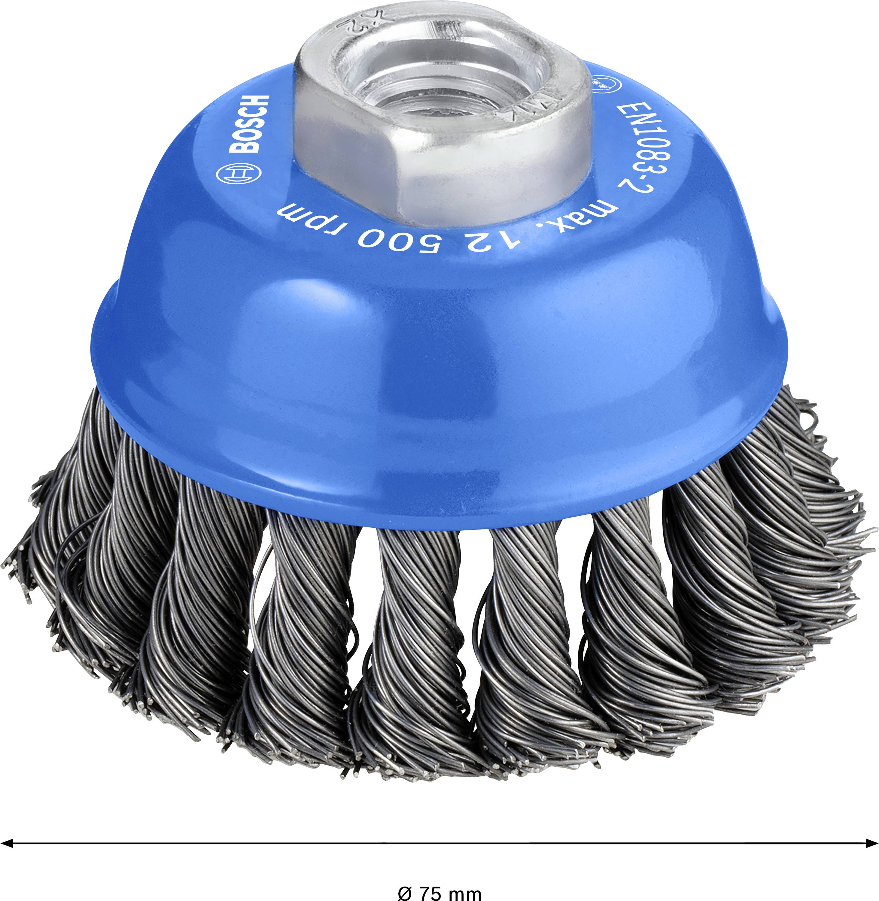 Een blauwe metalen borstel met gedraaide draden en een bevestiging bovenaan, geschikt voor gebruik met elektrisch gereedschap.