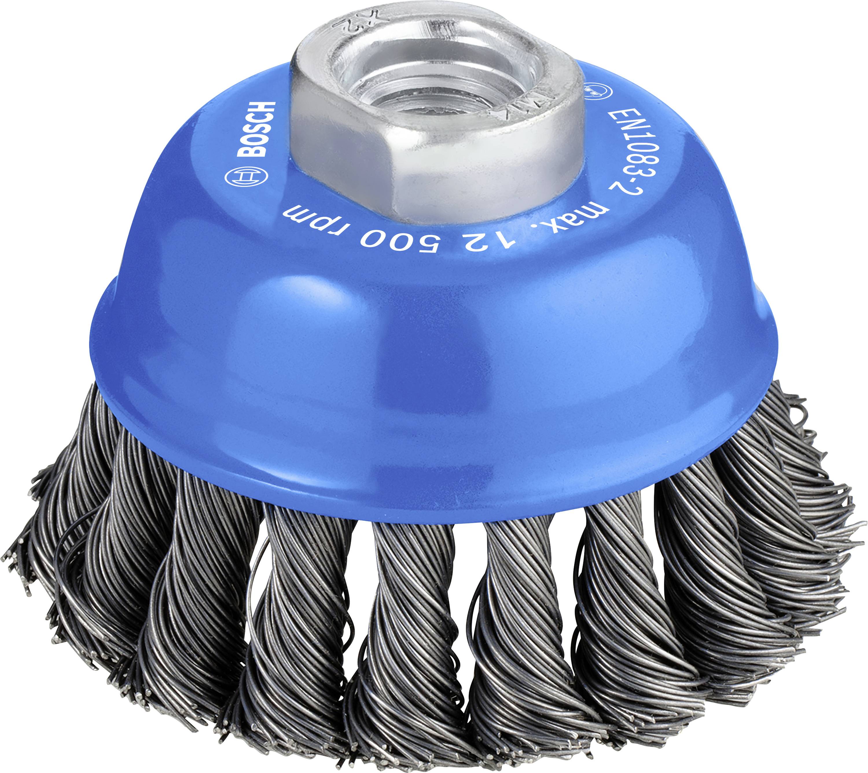 Blauwe pijpborstel-opzetstuk met metalen borstels voor boormachines, geschikt voor reiniging en ontroesten van oppervlakken.