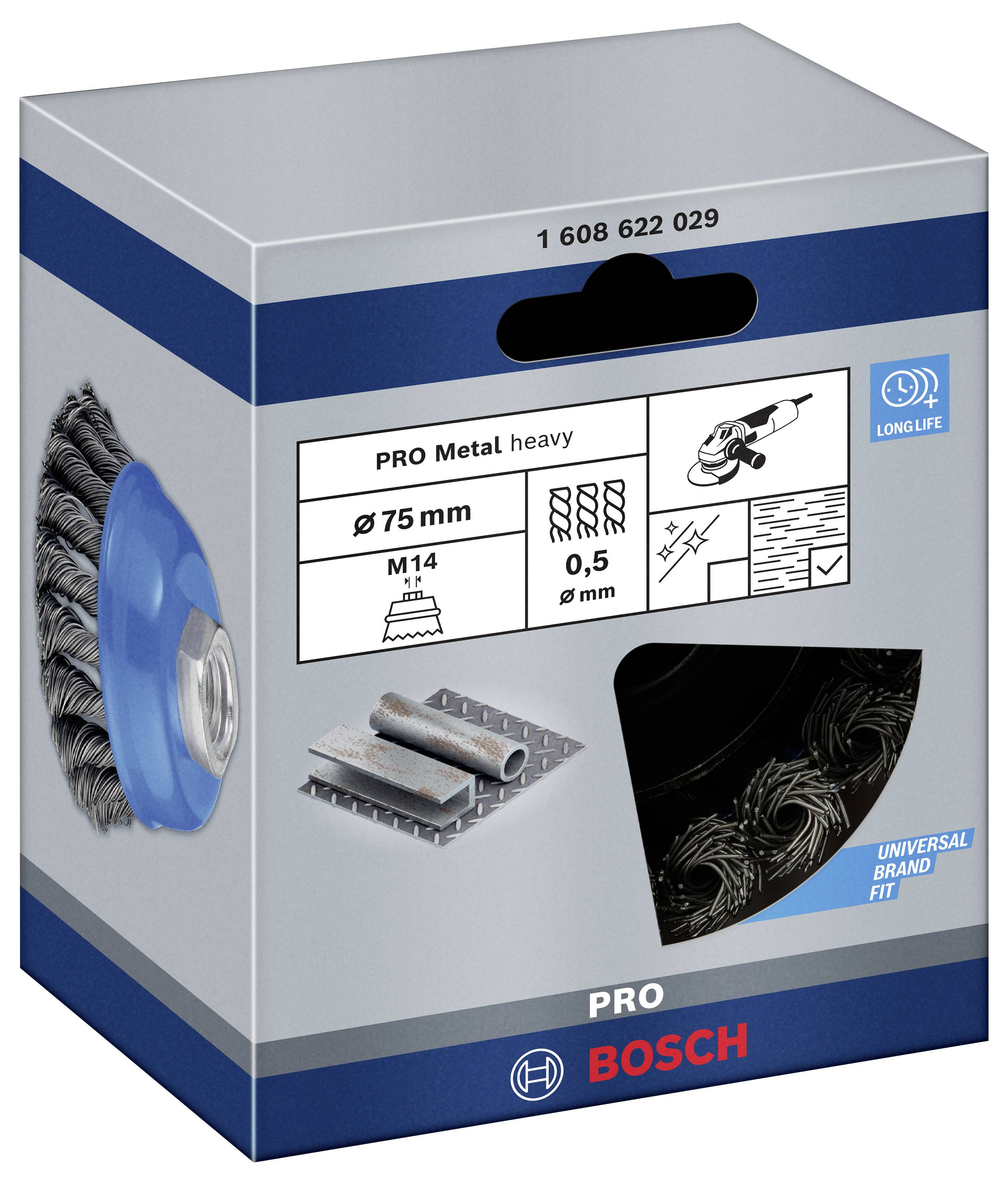De verpakking toont een staalborstel voor haakse slijpers, geschikt voor metaalbewerking, met 75 mm diameter en M14-schroefdraad. Merk: Bosch.