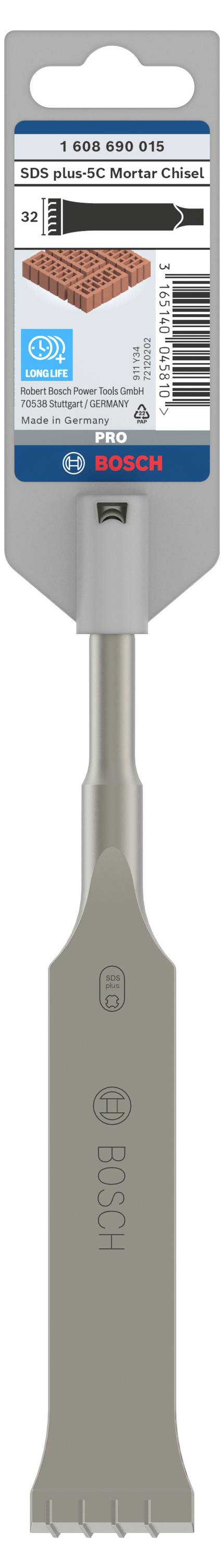 Vlakfreesboor van Bosch met zeskantige schacht, geschikt voor houtbewerking. Verpakking toont productdetails en logo.