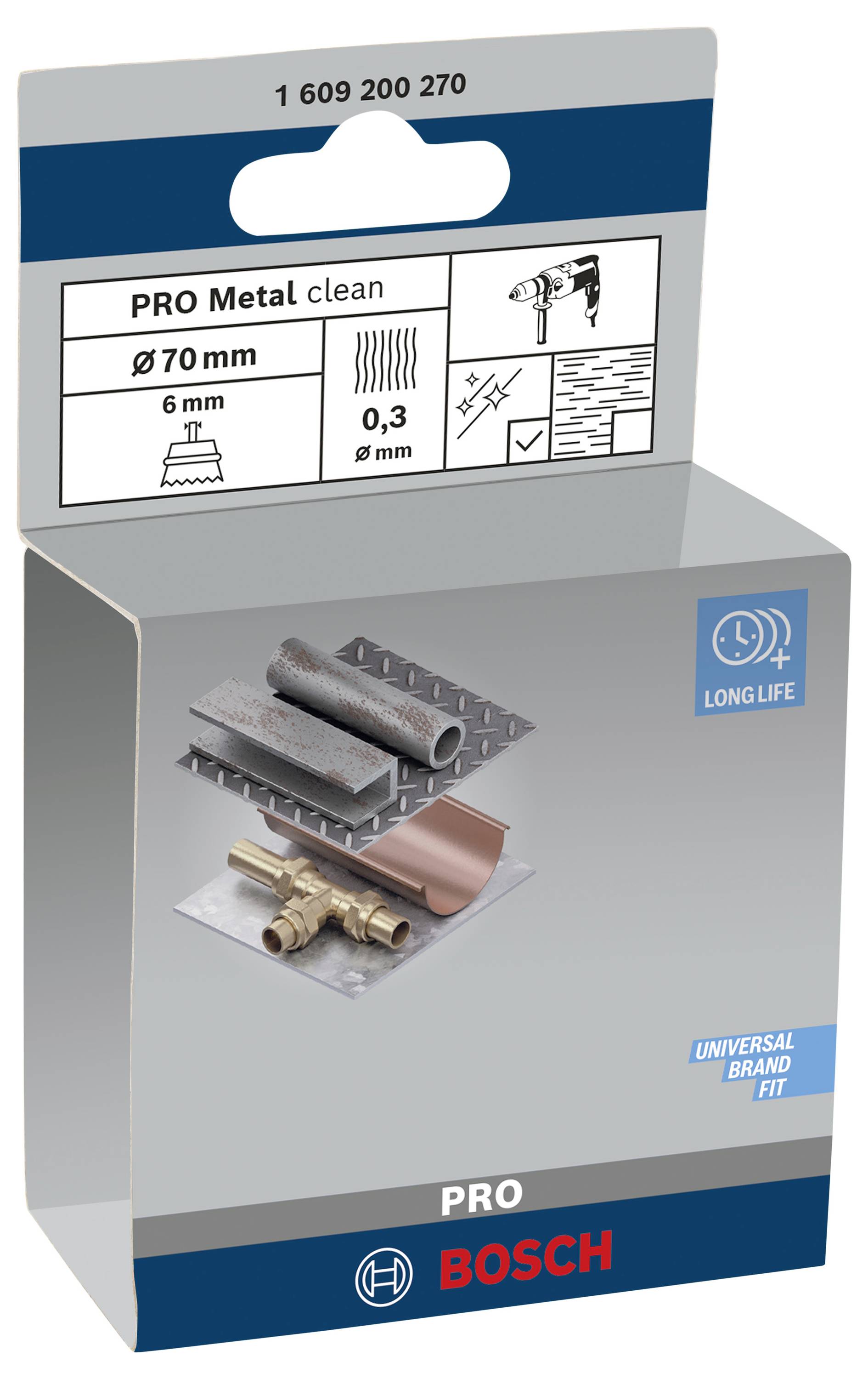 Verpakking van een Bosch PRO metalen reinigingsborstel. Toont afbeeldingen van de borstel en toepassingsvoorbeelden zoals buizen en metalen onderdelen.