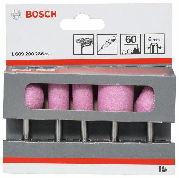 Bosch boren-accessoireset, bestaande uit roze slijppunten, verpakt in een grijze doos met rode accentlijn.