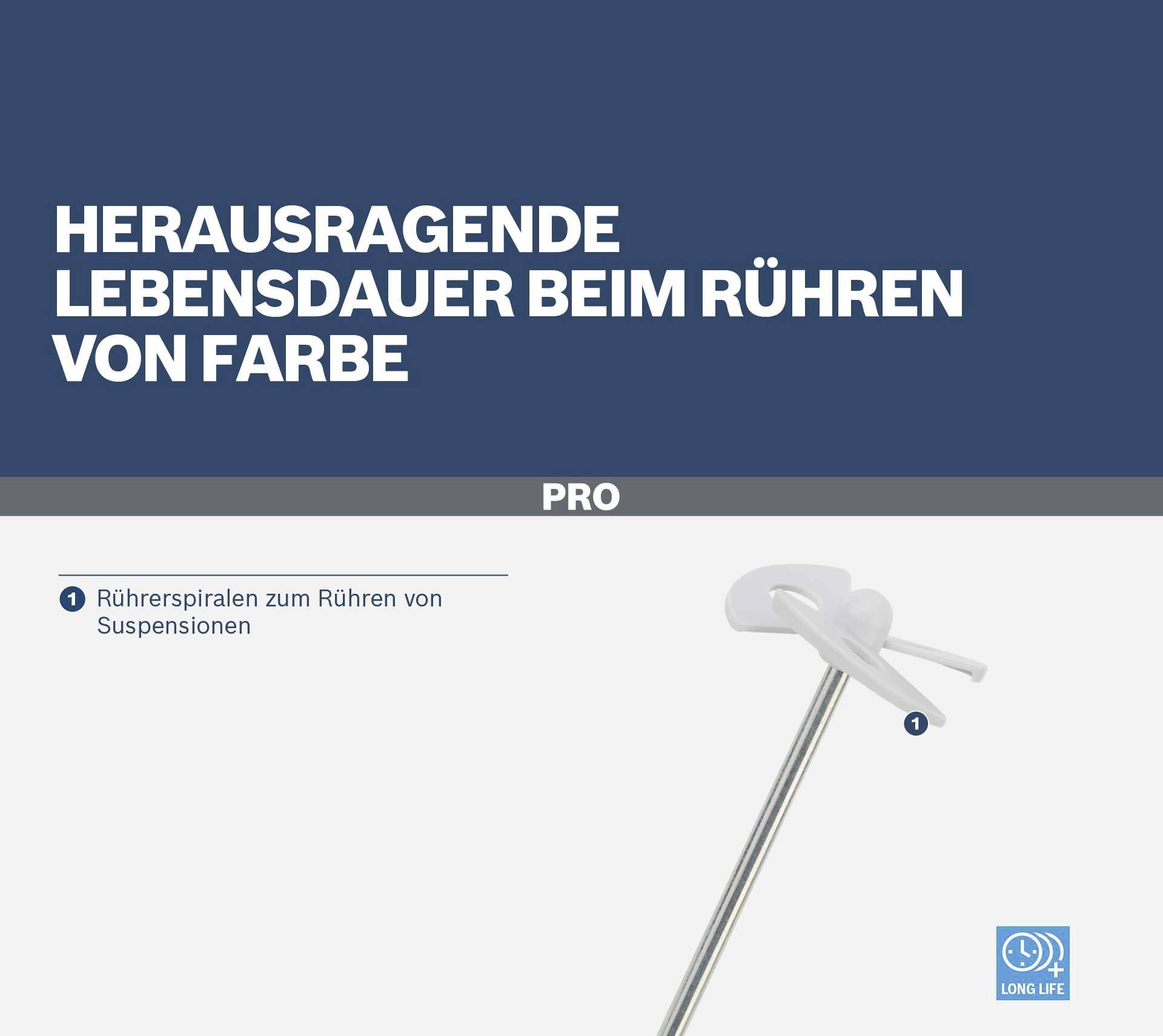 'Uitzonderlijke levensduur bij het roeren van verf.' Afbeelding toont robuuste roerspiraal voor gebruik bij verfmengelingen.