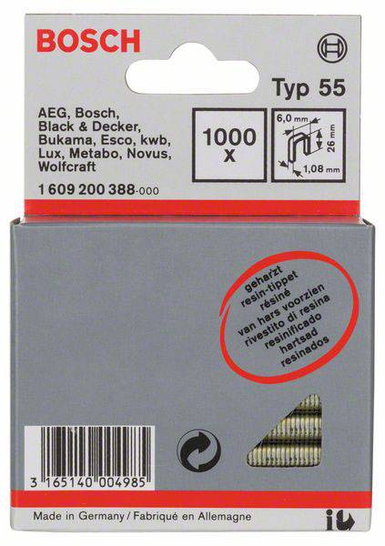 Grijze verpakking van Bosch type 55 nagels, geschikt voor verschillende merken. Bevat 1000 stuks, formaat 6 mm x 1,08 mm.