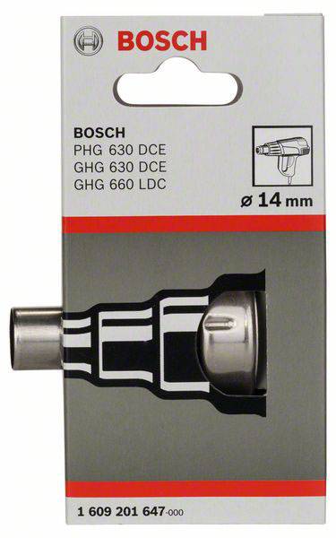 Verpakking van een Bosch-gereedschapsopzetstuk. Afgebeeld is een mondstuk met een diameter van 14 mm, compatibel met PHG 630 DCE en GHG 660 LDC.