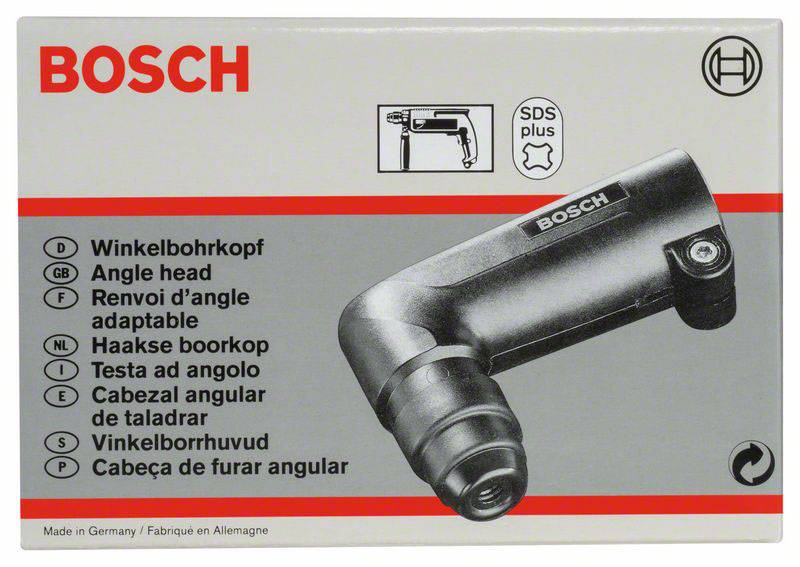 'Bosch-winkelboorkop' toont een afbeelding van het product met zijn naam in meerdere talen op de verpakking.