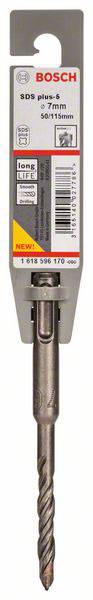 Verpakte Bosch SDS Plus-5 boorhamer, 7 mm diameter, lengte 160 mm. Productinformatie op etiket.