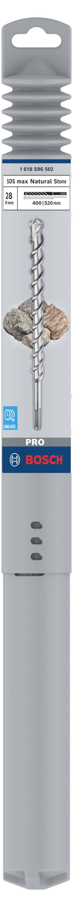 Verpakking voor een Bosch boor, geschikt voor beton, metselwerk en steen; toont een afbeelding van de boor en gespecificeerde toepassingsgebieden.
