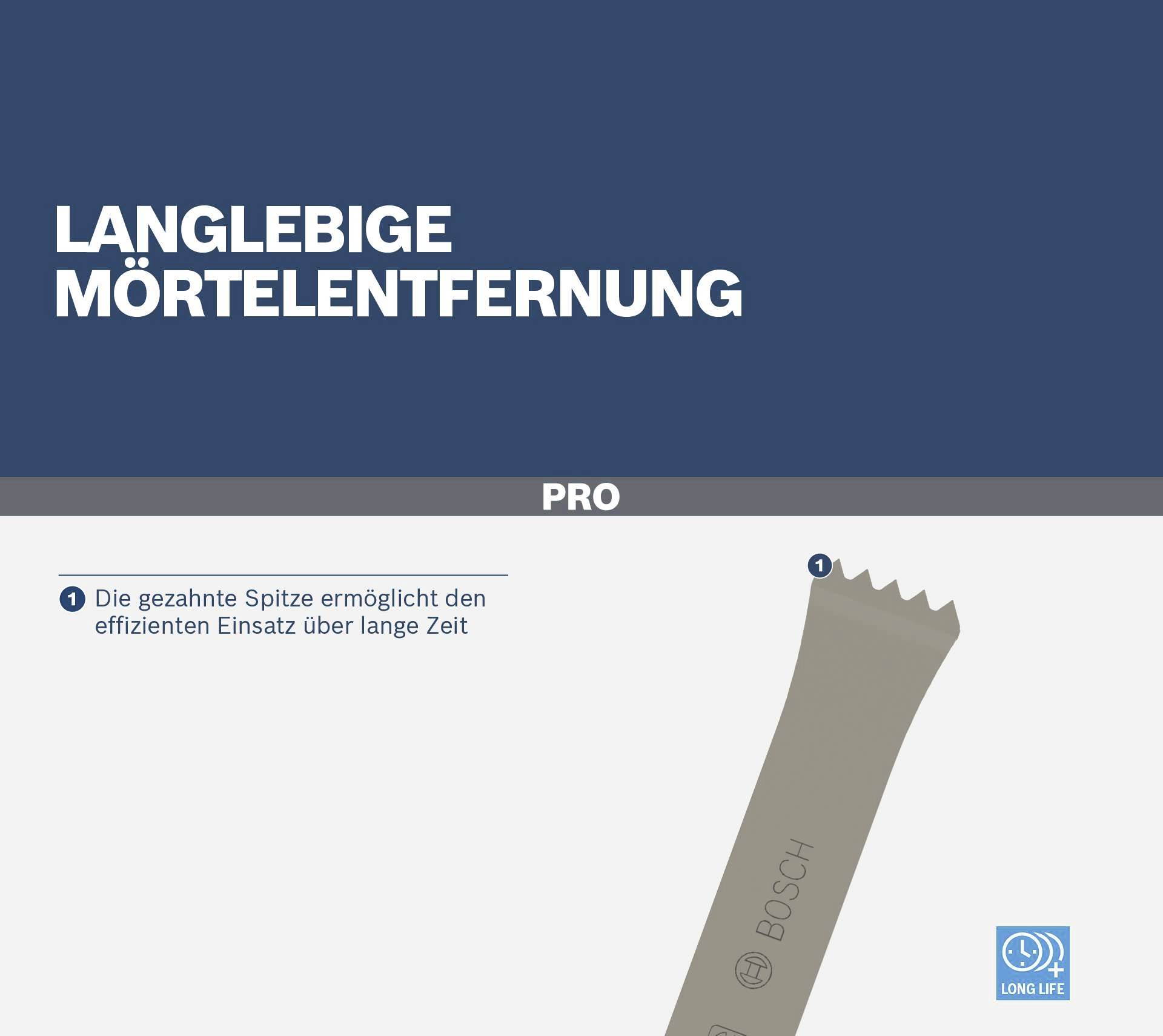 'Langdurige mortelverwijdering' staat bovenaan. Onderaan is een afbeelding van een getand gereedschap met tekst die een efficiënt gebruik beschrijft.