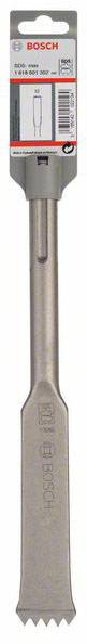Bosch beitel-opzetstuk met vertanding, geschikt voor betonwerkzaamheden. Verpakking toont productinformatie en specificaties.