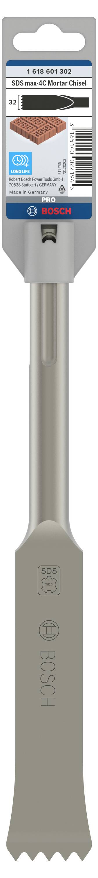 Afgebeeld is een Bosch platte beitel met SDS-plus-opname in een verpakking. De beitel is geschikt voor betonwerkzaamheden.