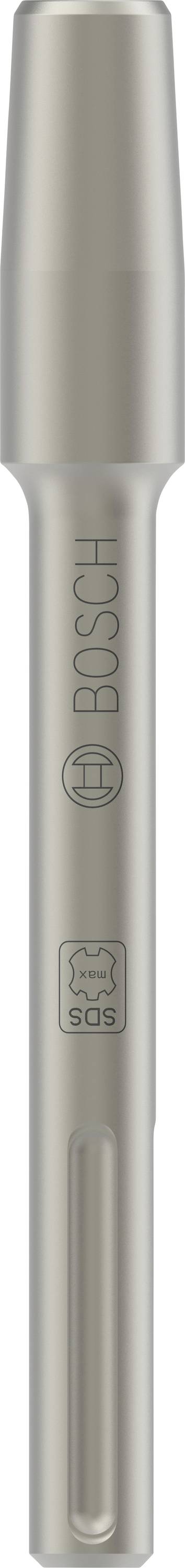 Een zilveren SDS-max beitel met gedrukt 'BOSCH'-logo, geschikt voor gebruik in elektrisch gereedschap voor het beitelen van materialen.