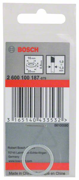'Bosch reserveonderdelenset voor elektrisch gereedschap', bevat een sluitring 16 mm x 8 mm x 1 mm. Streepjescode is zichtbaar.