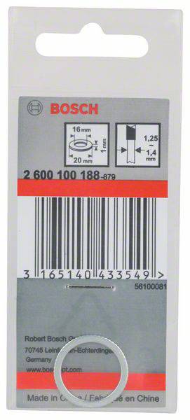 'Bosch'-verpakking voor reserveonderdeel. Toont productafmetingen: 16mm ø, 20mm ø, 1,25mm, 1,4mm. Streepjescode en fabricagelocatie China.