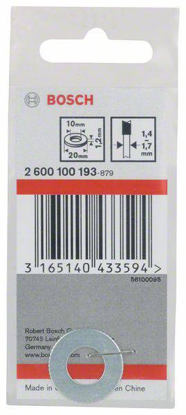 Onderlegring met afmetingen: 10mm binnendiameter, 20mm buitendiameter, 1,2mm dik. Verpakking van Bosch, met barcode en productnummer zichtbaar.