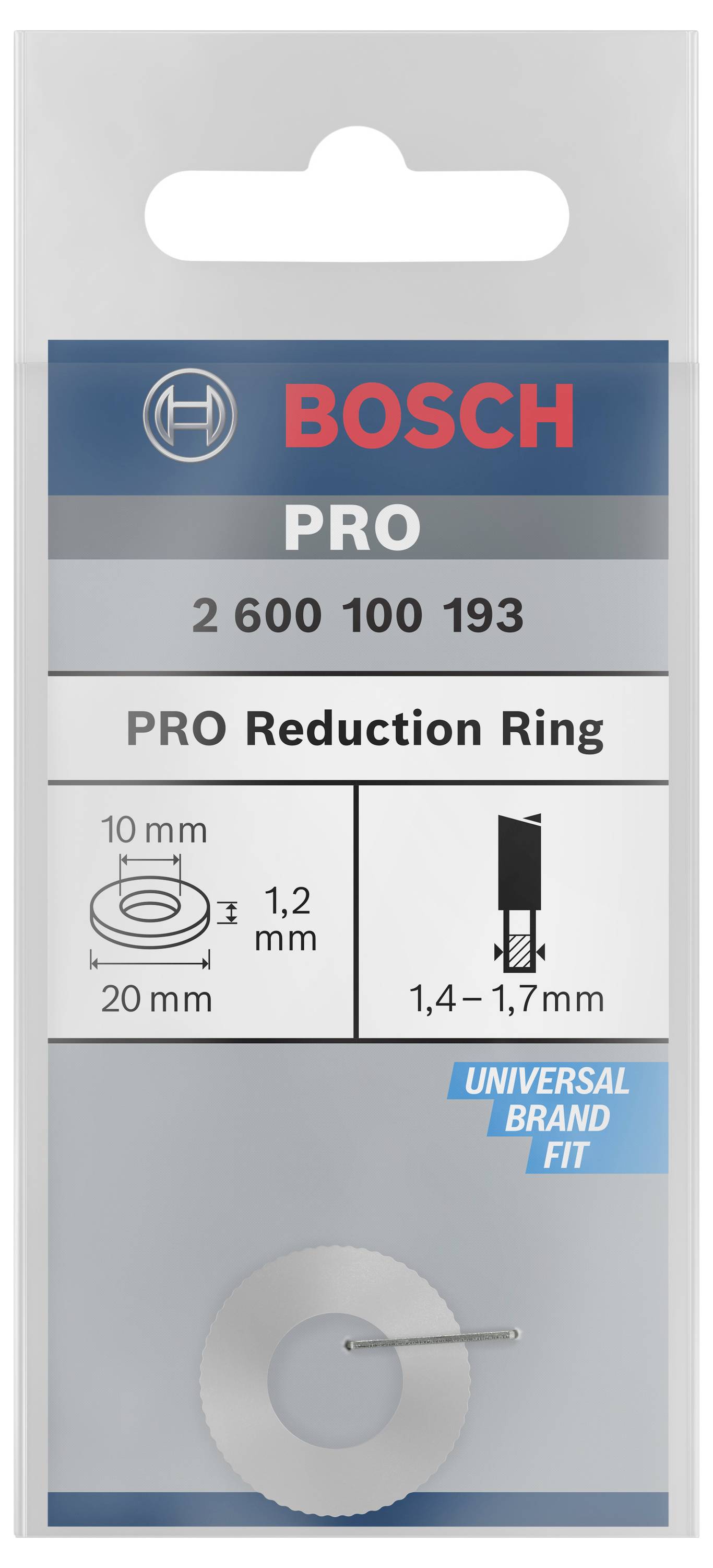 Verpakking van een Bosch PRO reduceerring, artikelnummer 2 600 100 193, toont afmetingen van 10 mm x 20 mm en dikteaanduidingen van 1,2 mm en 1,4–1,7 mm.