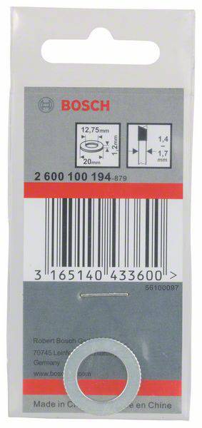 Een Bosch-vervangingsschijf, productnummer 2 600 100 194, met afmetingen van 12,75 mm diameter en 1,4 mm dikte, in de originele verpakking.