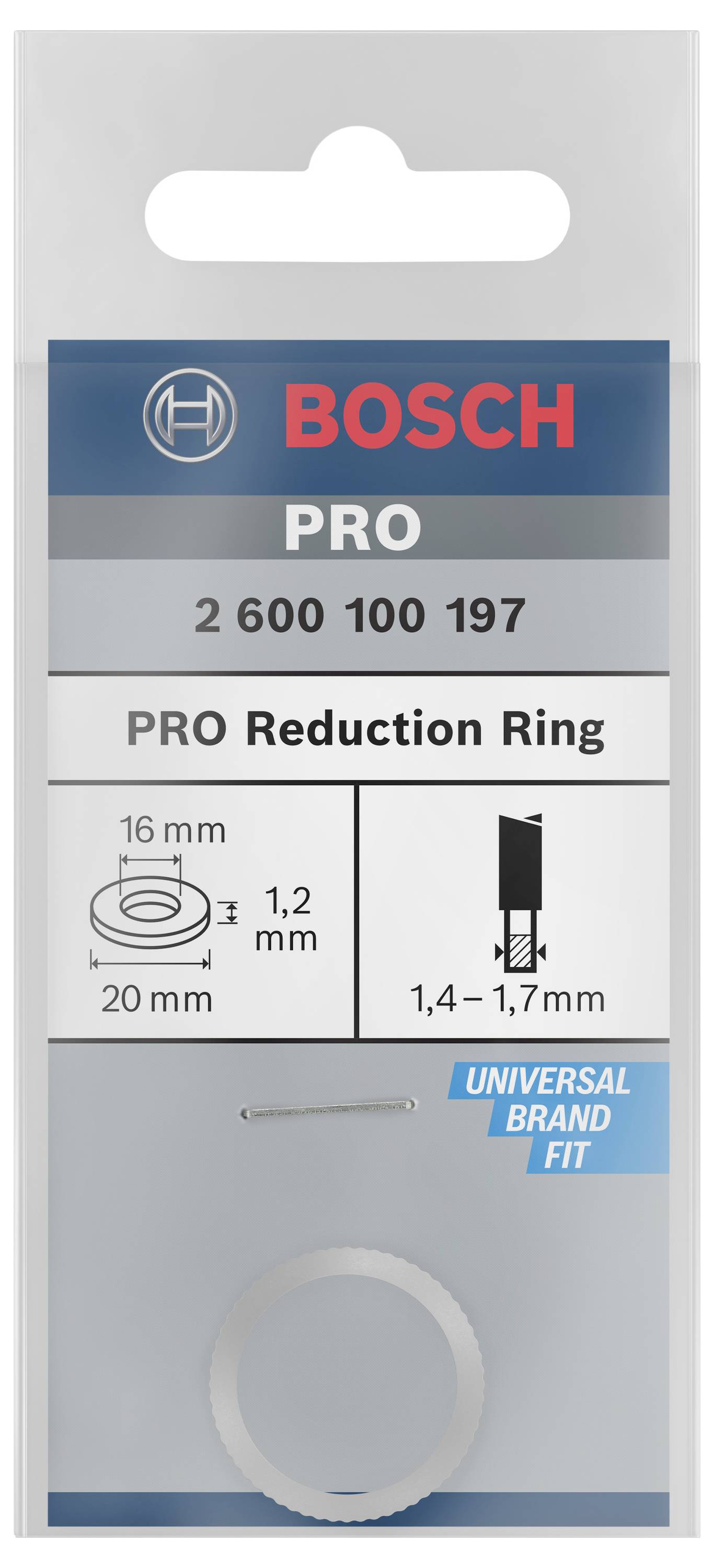 Verpakking van een Bosch PRO reduceerring, artikelnummer 2 600 100 197. Geschikt voor gereedschap, diameter 20 mm, dikte 1,2 mm.
