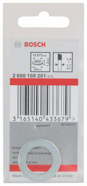 Bosch-verpakking voor een sluitring. Details: Afmetingen 15,875 x 1,4 mm, streepjescode, gefabriceerd in China.