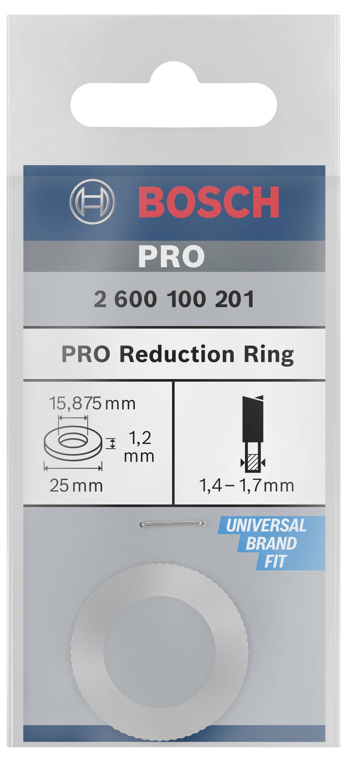 Reduceerring-set van Bosch met de afmetingen 25 mm buitendiameter en 15,875 mm binnendiameter. Geschikt voor universele merken.