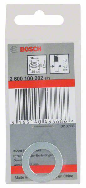 De verpakking toont een Bosch sluitring met barcode. Afmetingen: 16 mm binnendiameter, 25 mm buitendiameter, dikte 1,6 mm.