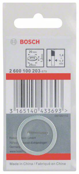 'Bosch Verpakking voor sluitringen. Toont afmetingen: Buitendiameter 20 mm, Binnendiameter 13 mm, Dikte 1,4 mm. Barcode en Made in China.'