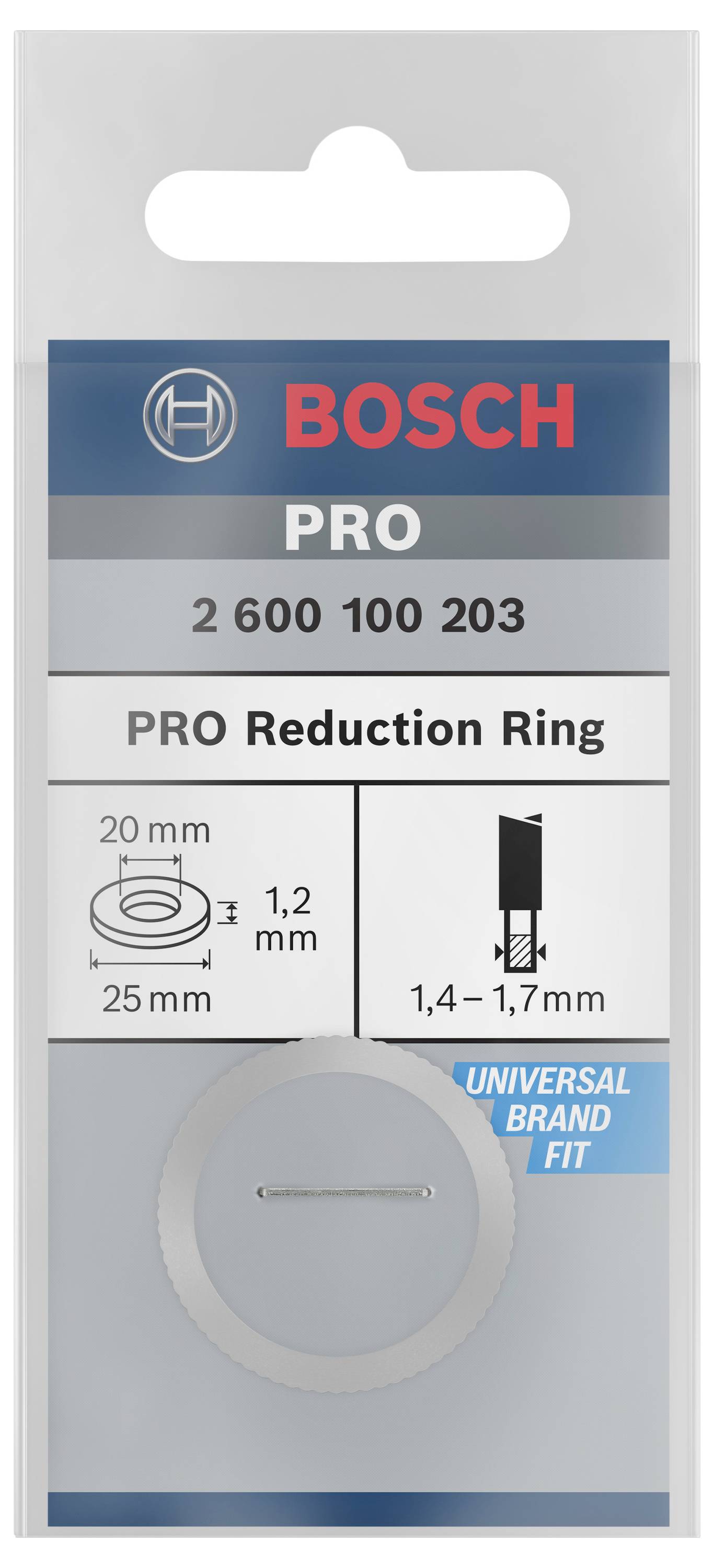 Bosch Pro reduceerring-verpakking, bevat een reduceerring van 25 mm naar 20 mm. Geschikt voor universele apparaten, bruikbaar met 1,2 mm en 1,4–1,7 mm dikke bladen.