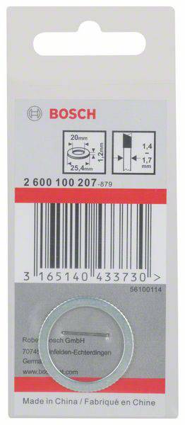 Verpakking voor Bosch gereedschapsonderdeel, bevat barcode, fabrikantadres en vermelding 'Made in China'. Toont een sluitring.