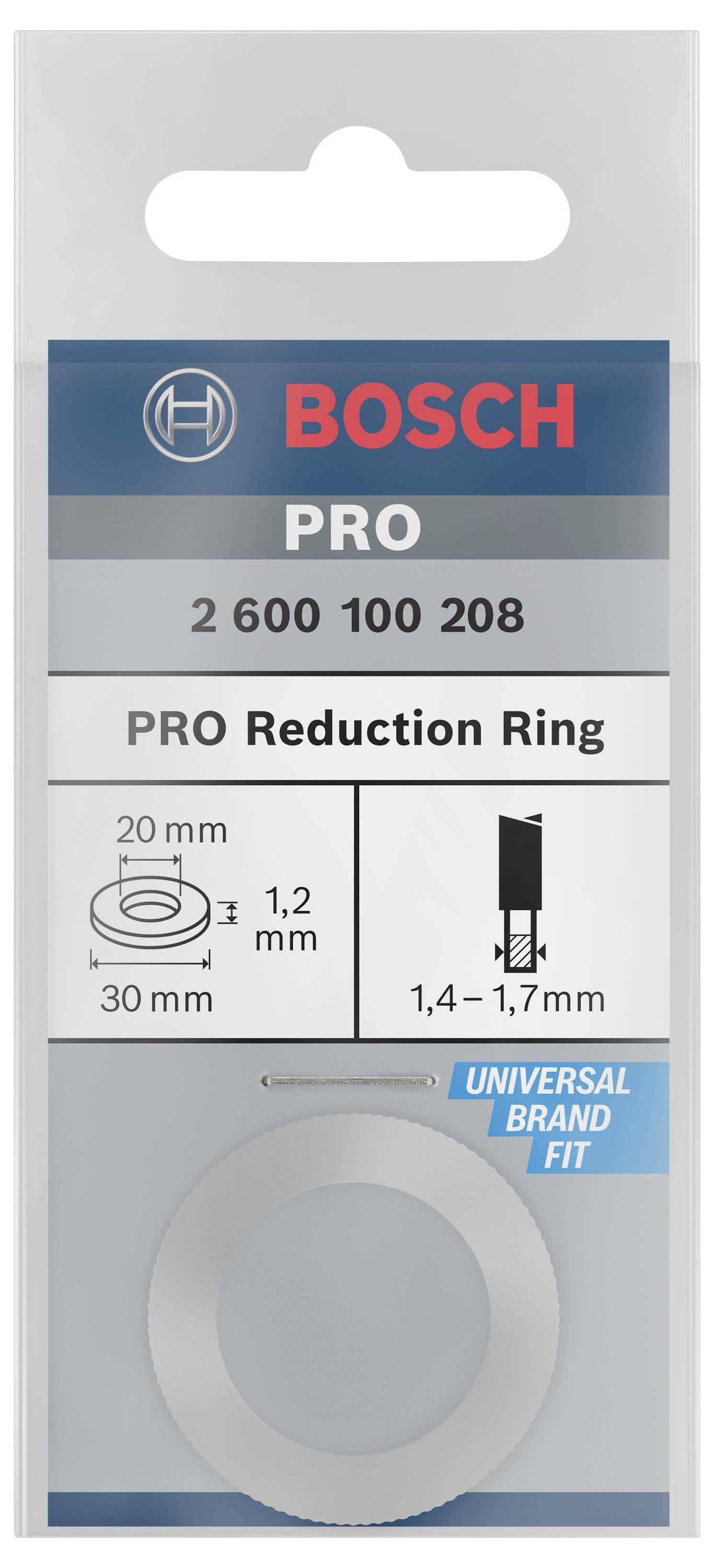 Bosch Pro reduceerring-verpakking met afbeeldingen: 20mm binnendiameter, 30mm buitendiameter, 1,2mm breedte. Universele maat.