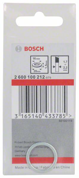 'Bosch' wasring-verpakking. Toont afmetingen: Buitendiameter 16 mm, binnendiameter 10,5 mm, dikte 1,7 mm. Barcode onderaan.