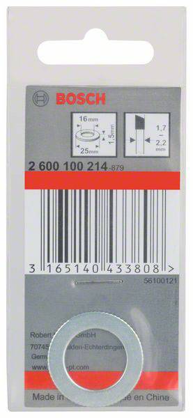 Verpakking van een Bosch-sluitring. Bevat productnummer 2 600 100 214, barcode en afbeelding voor toepassing van de ring, afmetingen: 16x25mm.