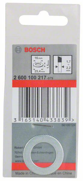 Een Bosch-sluitring met afmetingen van 16 mm binnendiameter, 25,4 mm buitendiameter, 1,7 mm dikte. Verpakking toont streepjescode en fabrikantgegevens.
