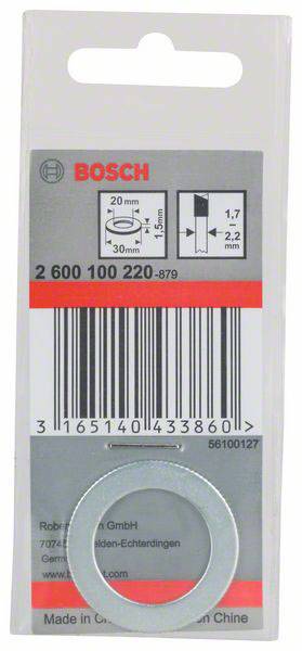 Packaging of a BOSCH washer set with barcode, article number, and dimensions: 20 mm inner diameter, 30 mm outer diameter, 1.7 mm thickness.