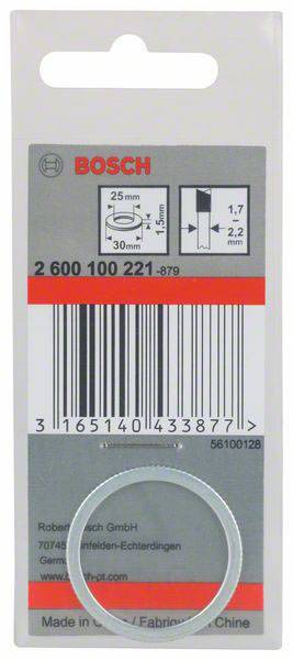 Packaging of a Bosch washer, diameter 25 mm, barcode, product number 2 600 100 221. Made in China.