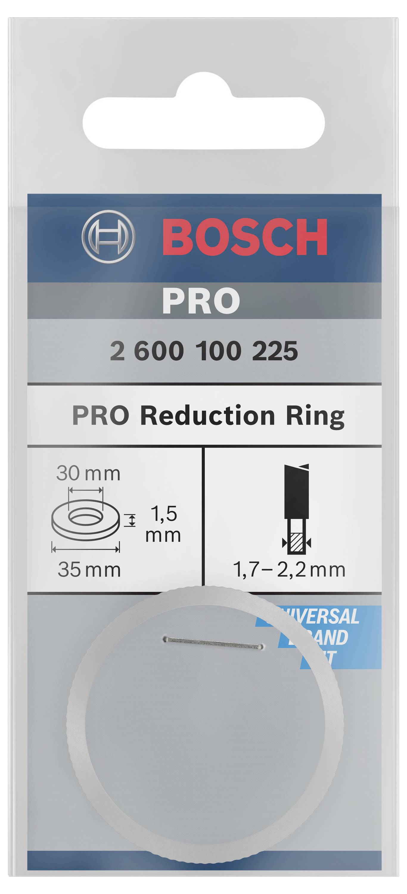 Bosch PRO reduceerring verpakking met afbeelding van een reduceerring, Specificaties: 30 mm buitendiameter, 1,5 mm dikte.