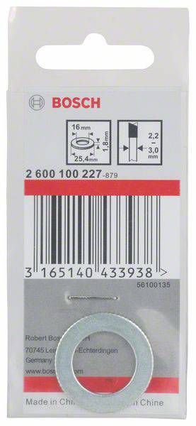 'Bosch Onderlegring' op grijze verpakking met productdetails en streepjescode. Afmetingen: 16mm binnendiameter, 25,4mm buitendiameter, 1,8mm dik.