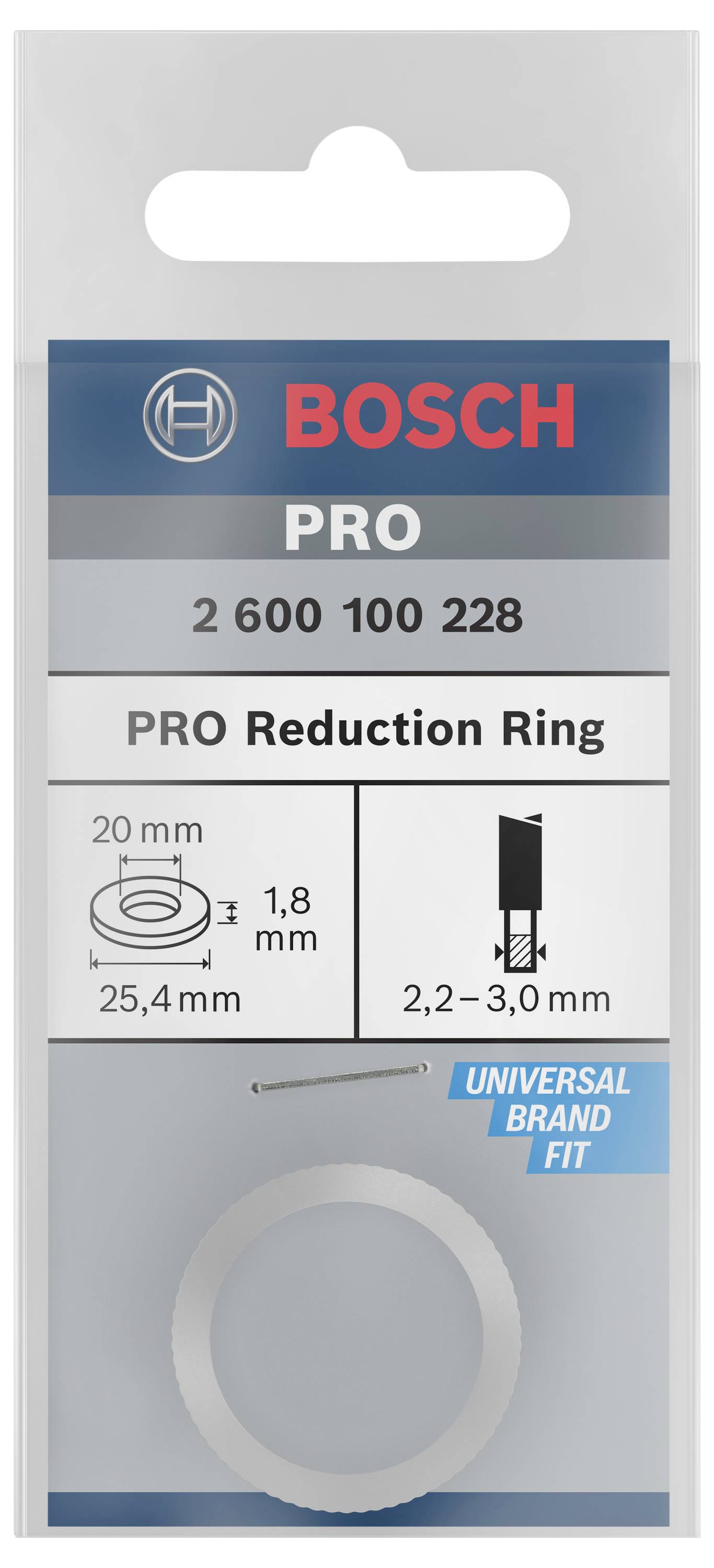 Verpakking van een Bosch PRO reduceerring, 20 mm binnendiameter, 25,4 mm buitendiameter, geschikt voor 2,2-3,0 mm.
