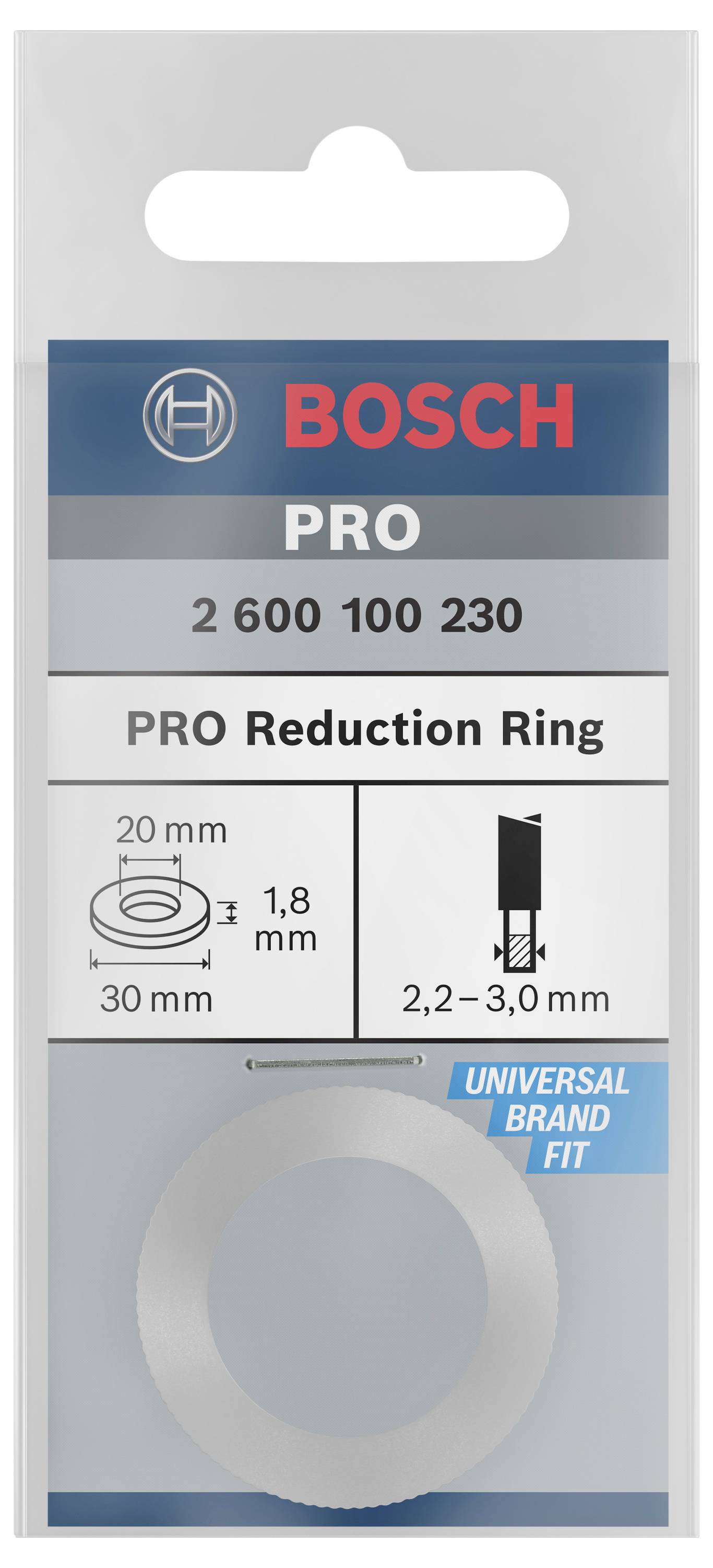 Verpakking van een Bosch PRO reduceerring met de afmetingen 20 mm x 30 mm en 1,8 mm dikte, geschikt voor 2,2–3,0 mm. 'Universal Brand Fit'.