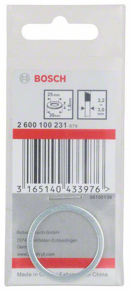Verpakking van een Bosch-product met een metalen ring erin. Productnummer: 2 600 100 231. EAN 3165140433976. Herkomst: China.