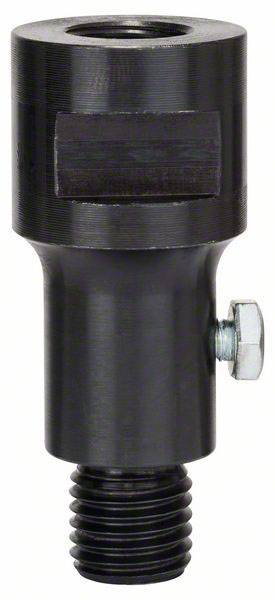 Een zwarte, metalen adapter met schroefdraad aan de onderkant en een zijdelingse schroef voor bevestiging. Gebruikt in technische toepassingen.