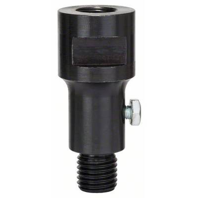 Een zwarte, metalen adapter met schroefdraad aan de onderkant en een zijdelingse schroef voor bevestiging. Gebruikt in technische toepassingen.