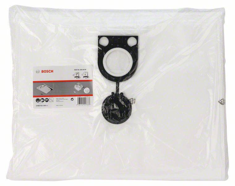 Een witte Bosch stofzuigerzak in een plastic verpakking met een zwarte aansluitring.