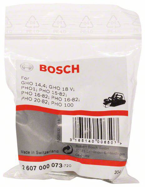 Plastic verpakking met Bosch-logo. Tekst vermeldt compatibele modellen: GHO 14,4; GHO 18 V; PHO1; PHO 15-82; PHO 16-82; PHO 20-82; PHO 100. Made in Switzerland.