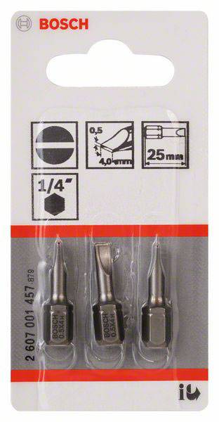 'Drie Bosch-schroevendraaierbitjes in verschillende vormen in een plastic verpakking. Lengte: 25mm, Maat: 1/4 inch.'