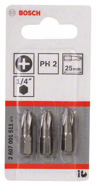 'Drie Bosch schroeverbits PH 2, 25 mm in blisterverpakking, geschikt voor 1/4 inch. Verpakking toont merklogo en productdetails.'