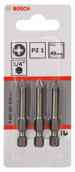 Drie Bosch schroeverbits maat PZ 1, lengte 49 mm. Verpakking toont logo, maataanduidingen en compatibele schroeftypen.