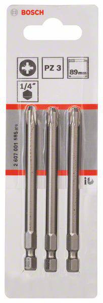 'Driedelig Bosch schroevendraaierbit-set, PZ 3, 89 mm lengte, voor kruiskopschroeven, 1/4 inch opname, in blisterverpakking.'