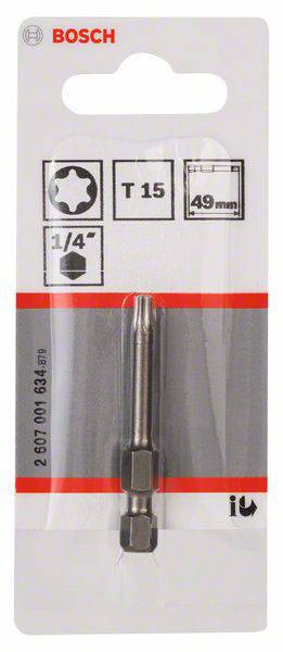 Verpakking van een Bosch schroevendraaierbit T15, 1/4 inch, 49 mm lengte, geschikt voor Torx-schroeven, afbeelding van een bit op karton.